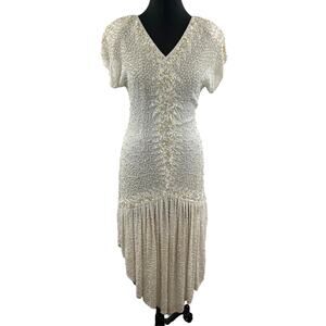 Vintage CAROLYNE BARTON White Silk Sequin Beads V-Neck Fairy Art Deco Dress S